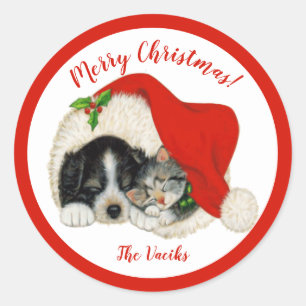 Redonda Puppy & Kitten Feliz Pegatina de Navidad