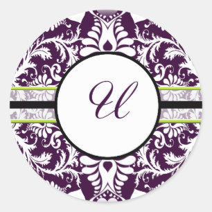 Redonda Purple Damask Letra inicial Pegatina U Boda