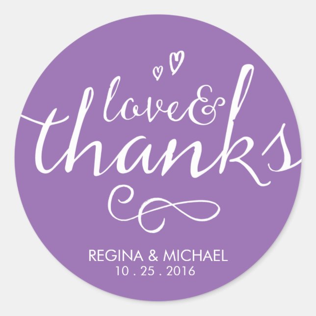 Redonda Purple Script Wedding Favor de Gracias Pegatina (Anverso)