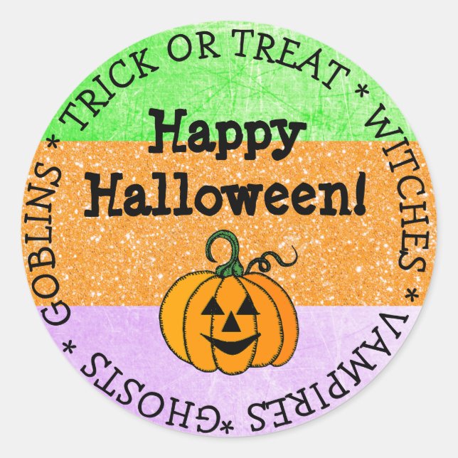 Redonda Púrpura de Halloween, verde, Pegatina de calabaza  (Anverso)