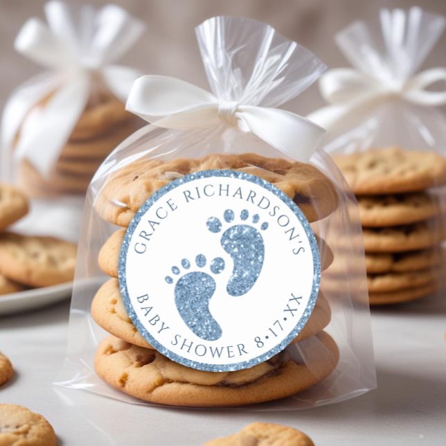 Redonda Purpurina azul Baby Shower Favor Pegatina (Blue Glitter Footprint - Baby Shower Favor)