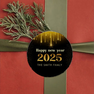 Redonda Purpurina de oro Feliz Año Nuevo 2025 Pegatina