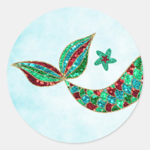 Redonda Purpurina pegatina Sirenita, Navidades bajo el mar