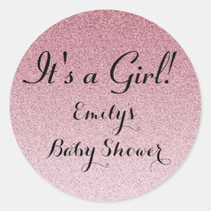 Redonda Purpurina rosa es un Pegatina Chica de Baby Shower