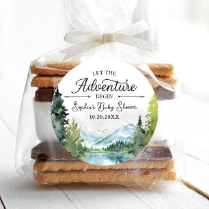 Redonda Que la aventura comience Pegatina de Baby Shower