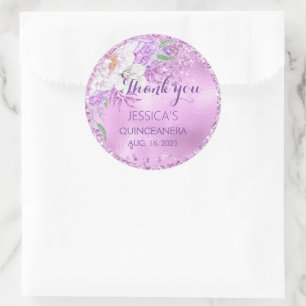 Redonda Quinceanera Lilac Pegatina Purpurina Purple Floral