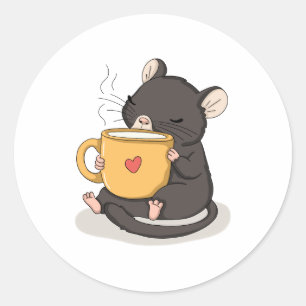 Redonda Ratón Adorable con una Taza de Café Pegatina de An