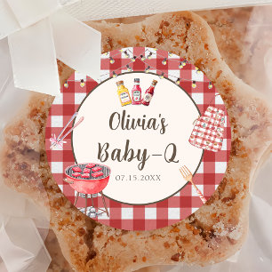 Redonda Red Backyard BBQ Baby Q Baby Shower Pegatina