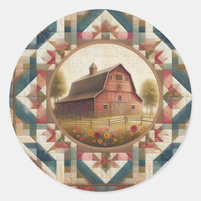 Redonda Red Barn Quilt #2 Classic Round Pegatina (Anverso)