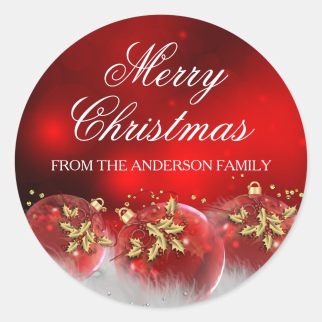 Redonda Red & Gold Holly Baubles Navidad Pegatina (Anverso)