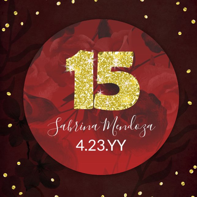 Redonda Red, Gold Quinceanera Gold #15 Round Pegatina (elegant red quinceanera sticker with gold, glitter number 15, mis quince anos, personalized label)