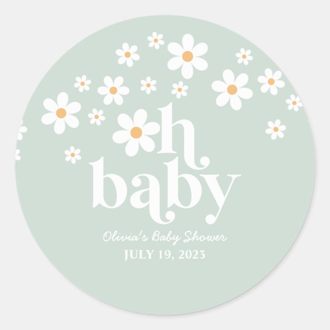 Redonda Retro Daisy Baby Shower Classic Round Pegatina (Anverso)