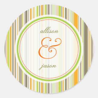 Redonda Retro Naranja Brown Green Stripes Boda Pegatina