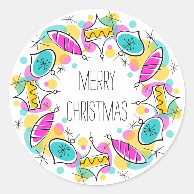Redonda Retro Tree Baubles Circle Feliz pegatina de Navida (Anverso)