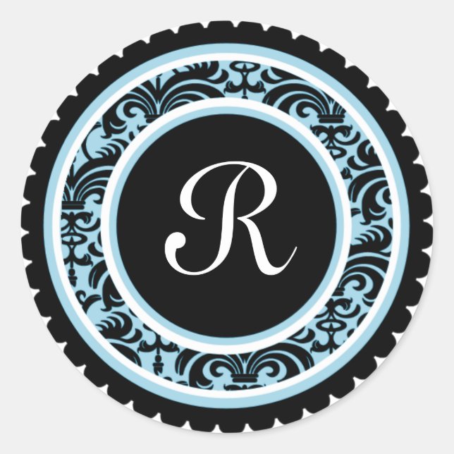 Redonda Robin Blue Damask Monogram Pegatina inicial (Anverso)