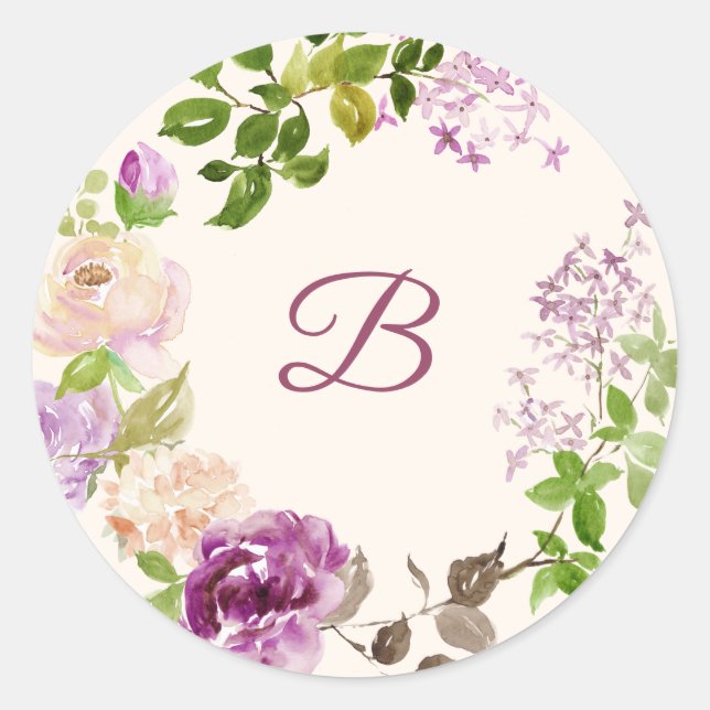 Redonda Rosa Lilac pegatina boda floral (Anverso)