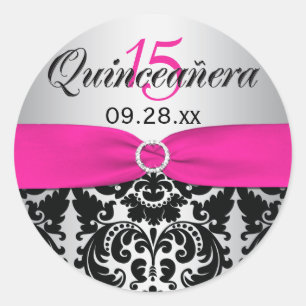 Redonda Rosa, Plata, Negro Damask Quinceanera Pegatina