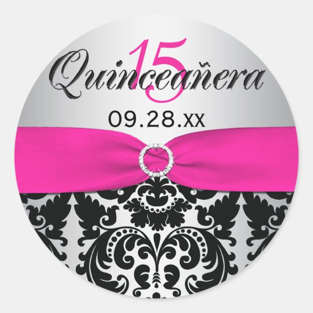 Redonda Rosa, Plata, Negro Damask Quinceanera Pegatina (Anverso)
