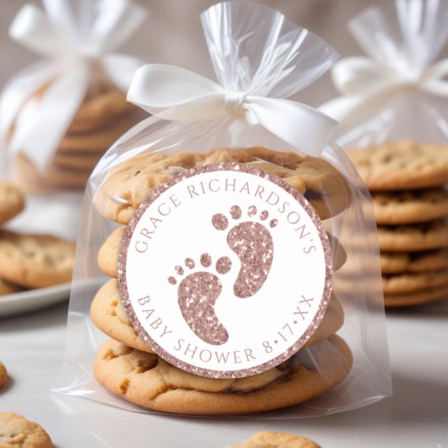 Redonda Rosa Purpurina de oro Pegatina de Baby Shower Favo (Rose Gold Baby Feet Favor Sticker)