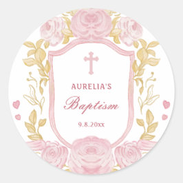 Redonda Rosas acuarelas Escudo Bautismo Pegatina pequeño