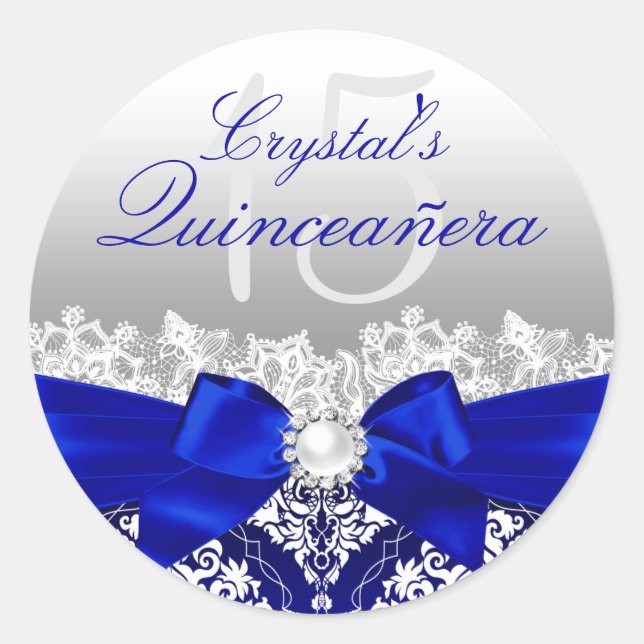 Redonda Royal Blue Damask & Pearl Bow Quinceanera Pegatina (Anverso)