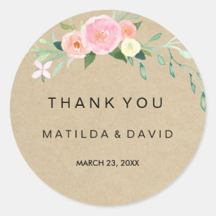 Redonda Rustic Boho Floral Gracias Pegatina Boda