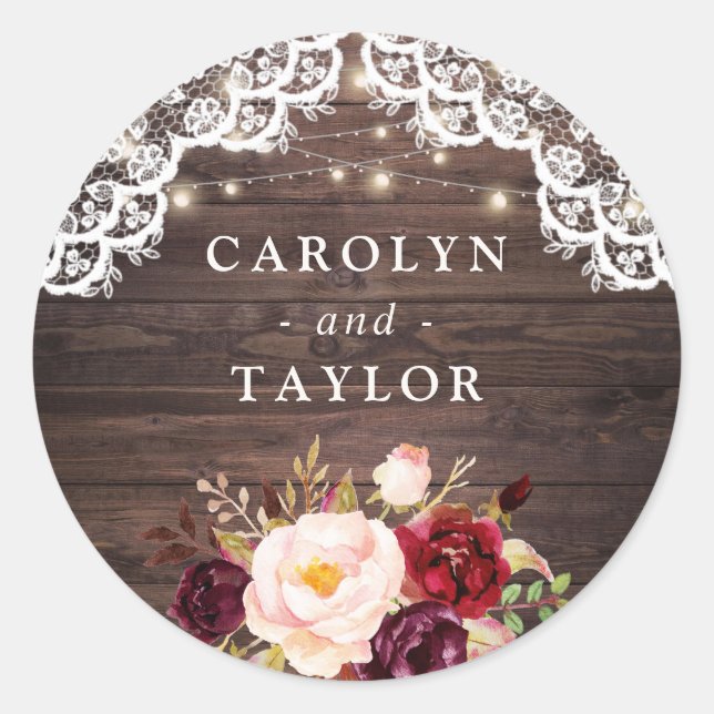 Redonda Rústico Pegatina de focas de leña Rubor Burgundy (Anverso)