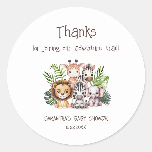 Redonda Safari Adventure Trail Mix Pegatina Baby Shower (Anverso)