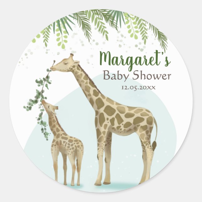 Redonda Safari Giraffe Green Leaf Baby Round Pegatina (Anverso)