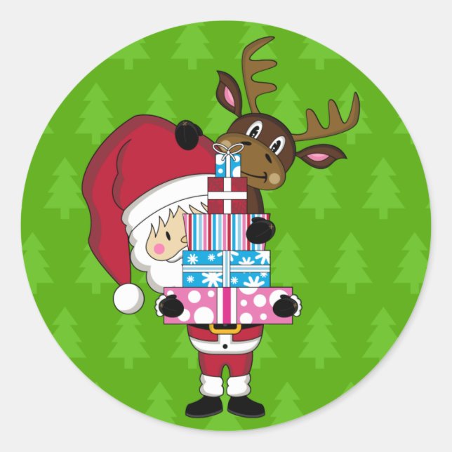 Redonda Santa Claus y Pegatina de renos (Anverso)