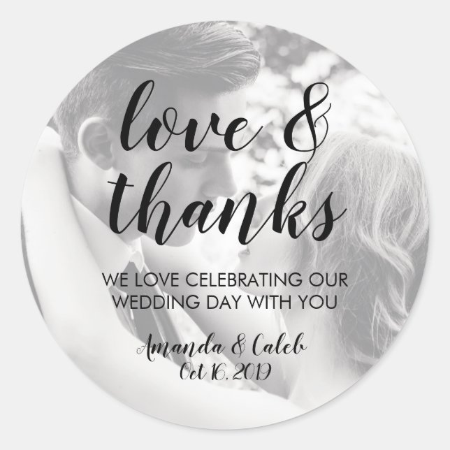 Redonda Script Love & Gracias Photo Wedding Favor Pegatina (Anverso)