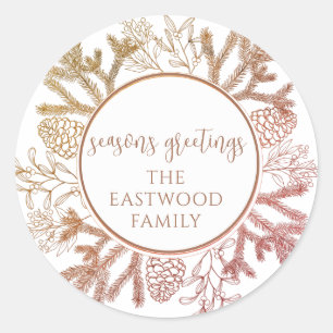 Redonda Seasons Greetings Pine Boughs Holiday Pegatina