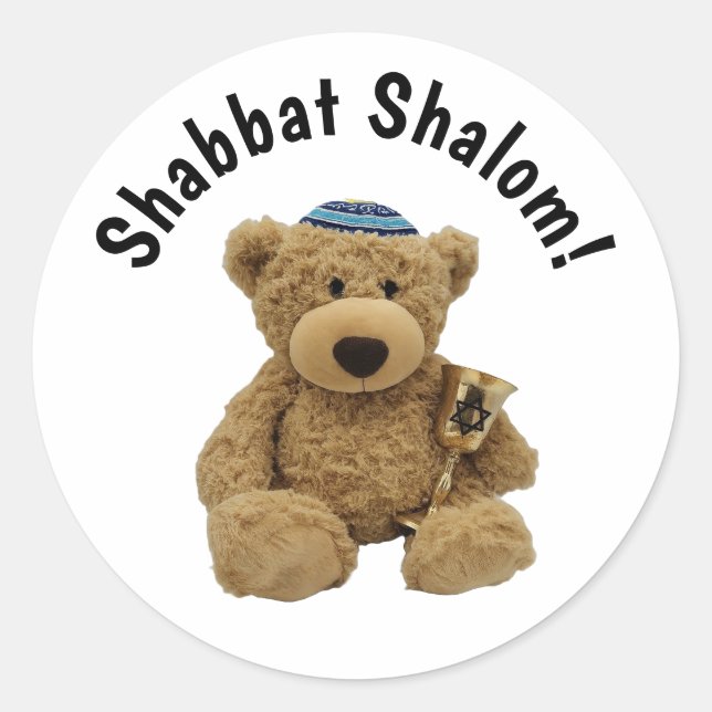 Redonda Shabbat Shalom Teddy Bear Pegatina (Anverso)