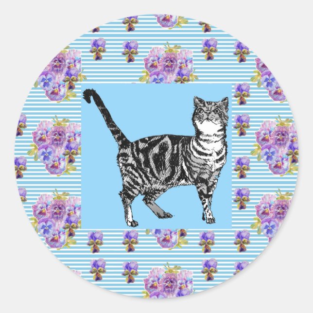 Redonda Shabby Chic Tabby Cat Pastel Stripe Pegatina (Anverso)