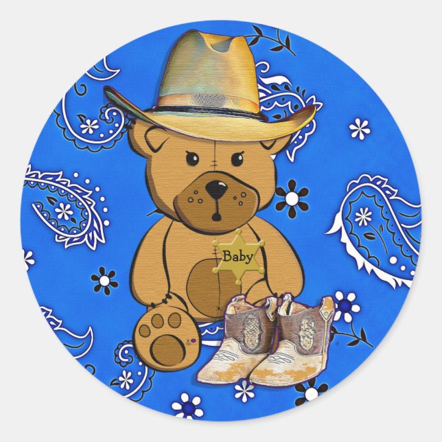 Redonda Sheriff Teddy Bear Blue Bandanna Pegatina (Anverso)