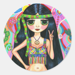 Redonda Signo de paz Pegatina de Chica hippie