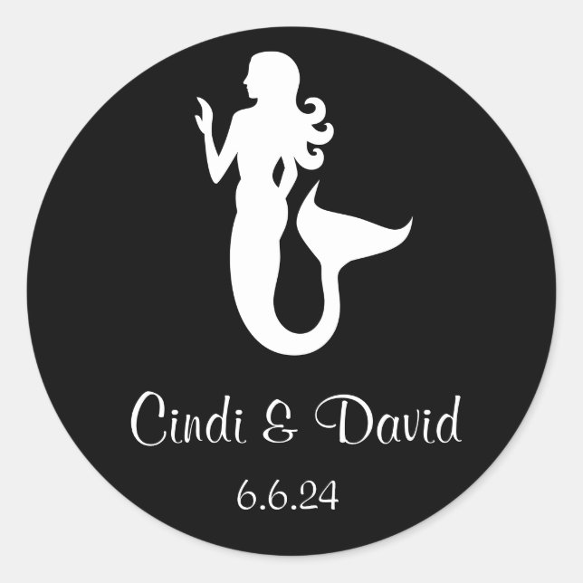 Redonda Sirena Pegatina de boda personalizada (Anverso)