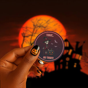 Redonda Skeleton gótico y Pegatina de Halloween de calabaz