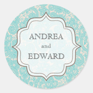 Redonda Sky Blue Bride y Groom Nombres Paisley Pegatina Et