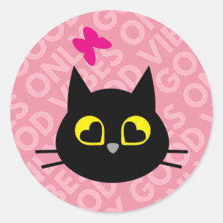 Redonda SÓLO BUENAS VIBAS - Feliz Pegatina de gato negro