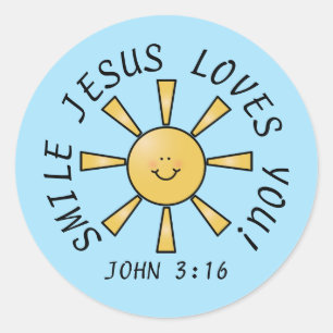Redonda Sonríe Jesús Te Ama Pegatina Amarillo Azul