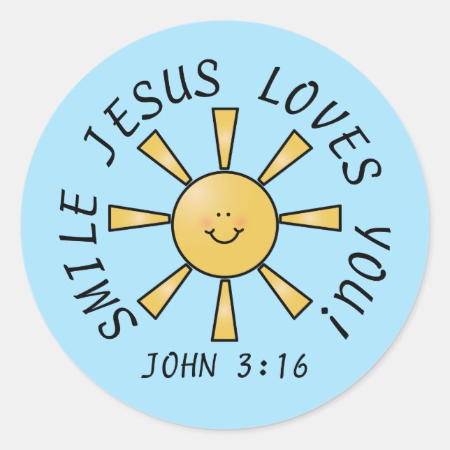 Redonda Sonríe Jesús te ama Pegatina azul amarillo (Anverso)