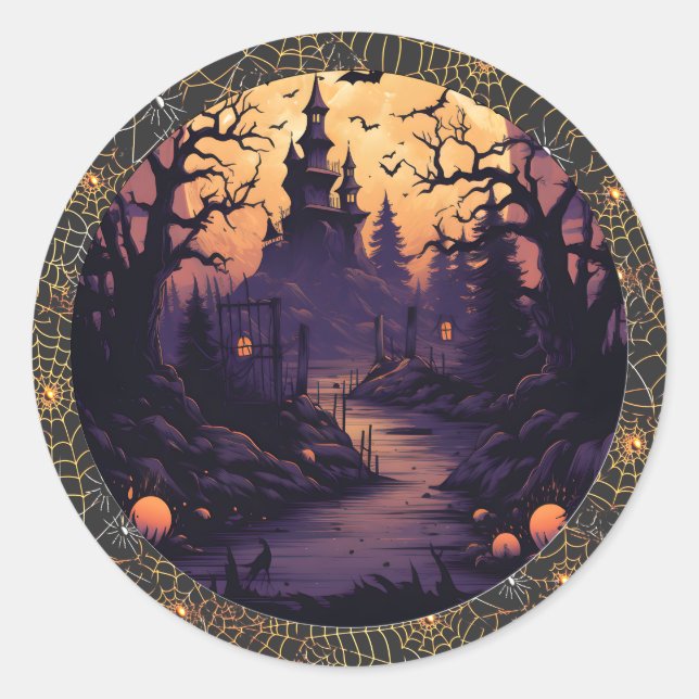 Redonda Spooky Haunted Castle Halloween Round Pegatina (Anverso)