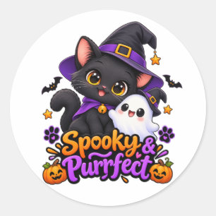 Redonda Spooky & Purrfect – Pegatina de gato de Halloween