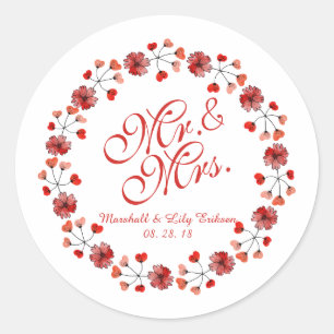 Redonda Sr. y Sra. Elegant Boda Floral   PEGATINA