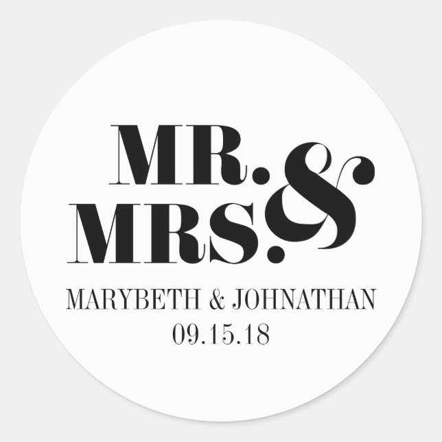 Redonda Sr. y Sra. Modern Bold Wedding Favor Pegatina (Anverso)