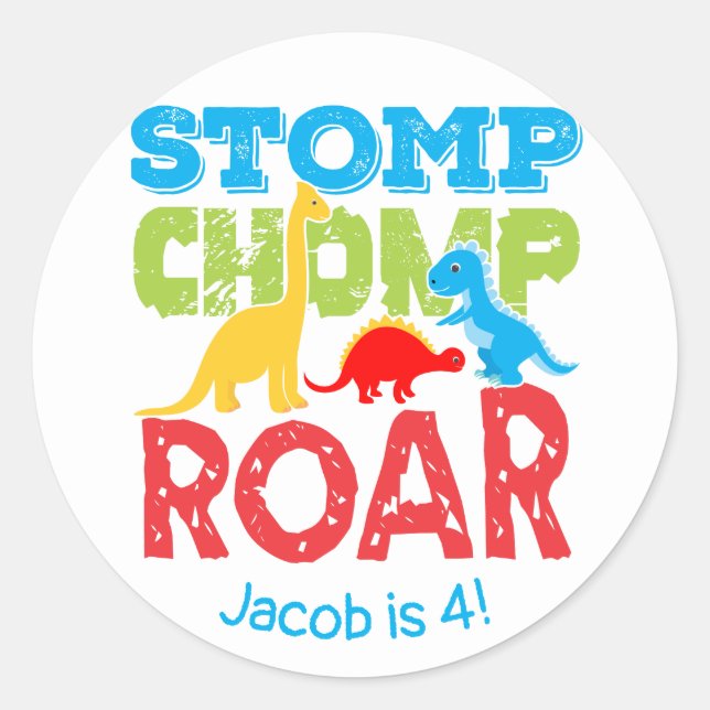 Redonda Stomp Chomp Roar Cute Dinosaur Birday Pegatina (Anverso)