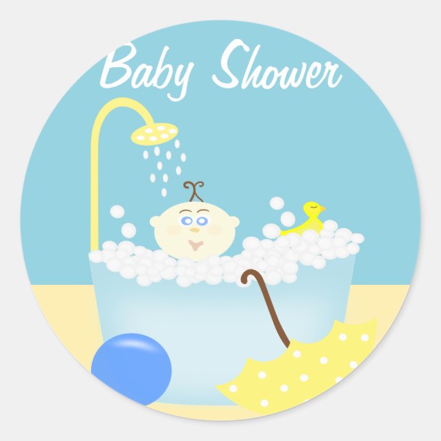 Redonda Sudsy Bathtub Blue Baby Shower Pegatina (Anverso)
