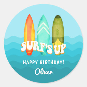 Redonda Surfs Up Surfboard Kids Birthday Pegatina