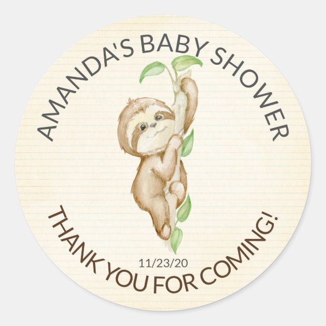Redonda Sweet Sloth Baby Shower Favor Pegatina (Anverso)